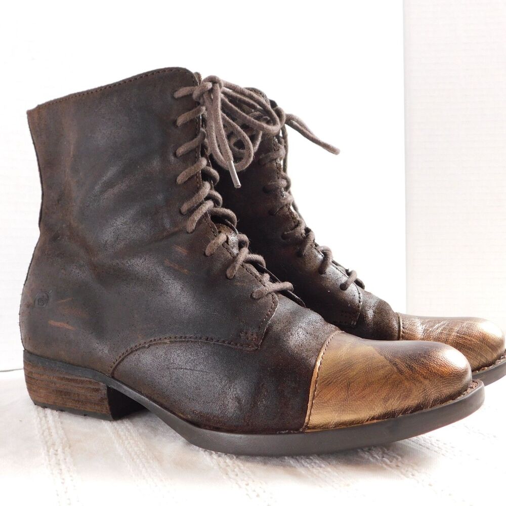 Born Brown Boots Leather Ankle Booties Size 7 Zip Lace-Up Distressed Genuine GUC - Picture 15 of 16